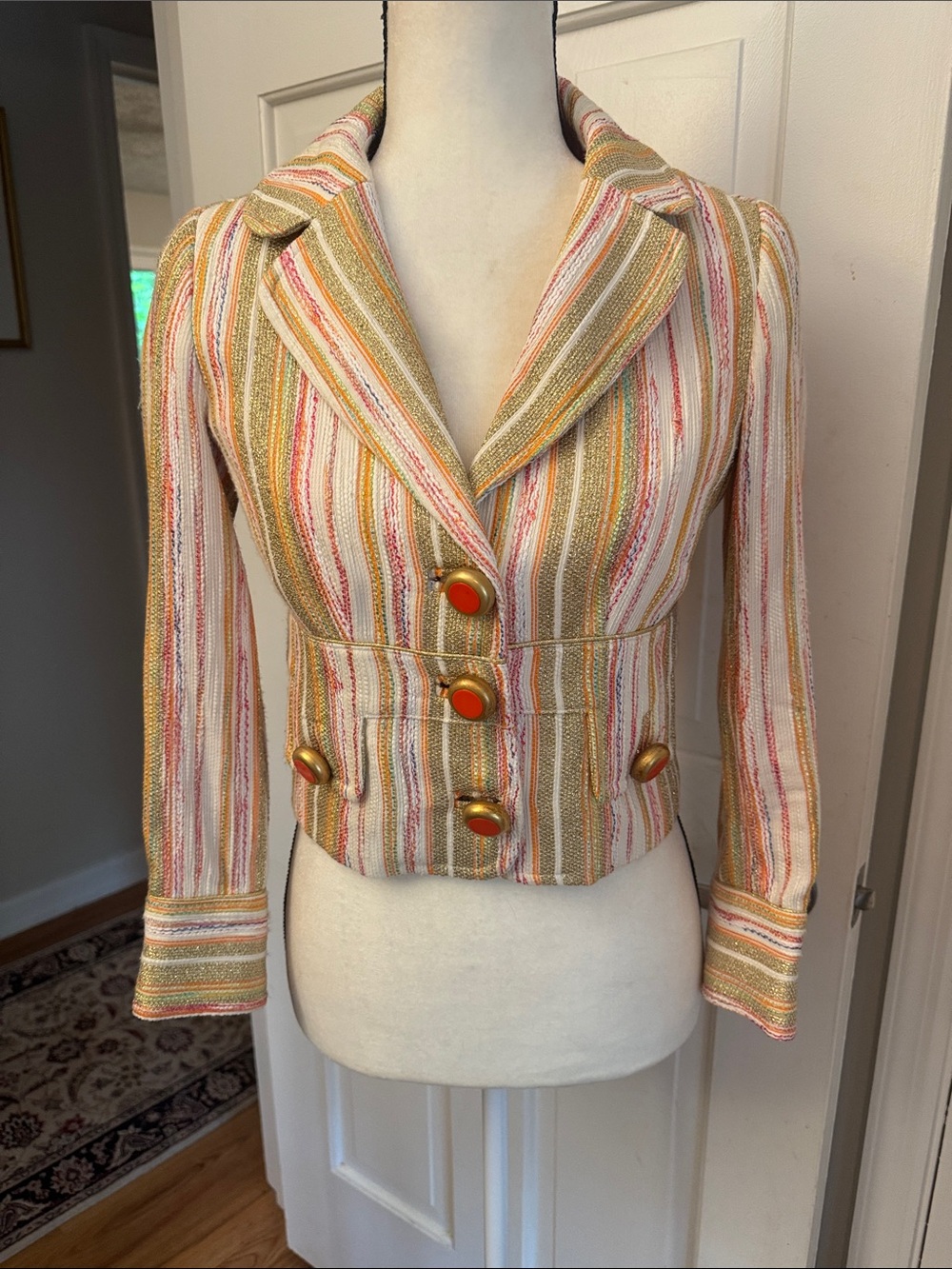 Dolce & Gabbana Striped Cropped Blazer in Pink, Gold and Cream. Size 0.